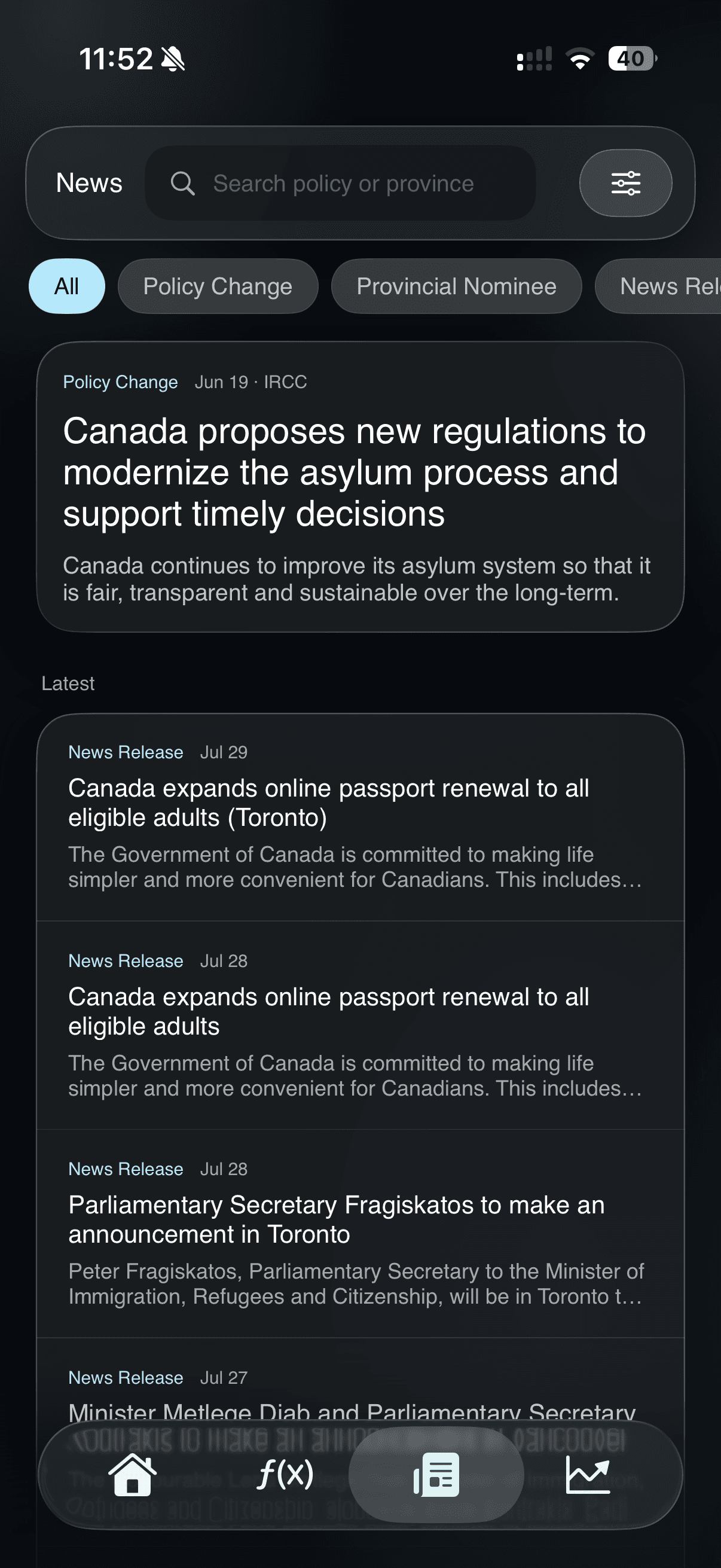 CanTrack news tab with IRCC policy updates